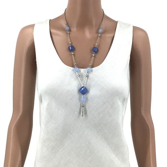 Beaded Necklace Chain Tassel Light Weight 25 Inch Length Silver Tone Blue - Picture 2 of 2
